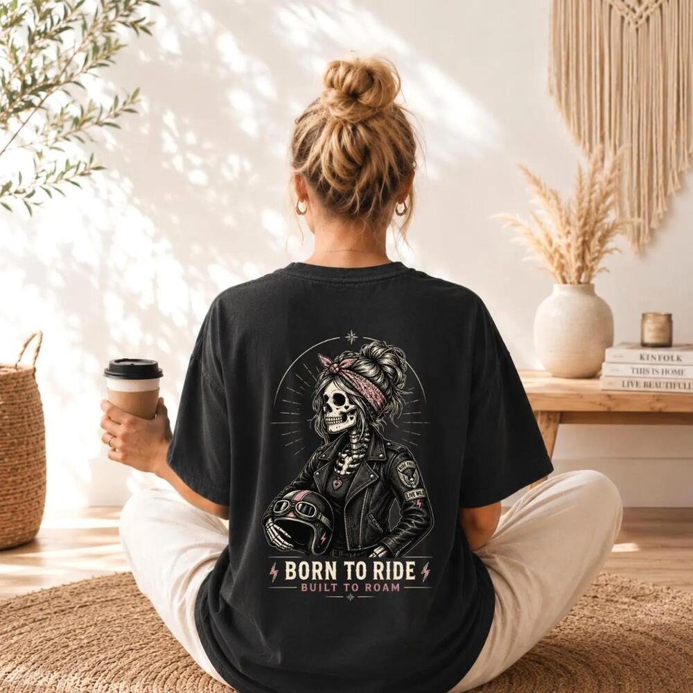 Motorcycle Shirt, Skeleton Biker Lady Born To Ride T-Shirt ,Motorcycle